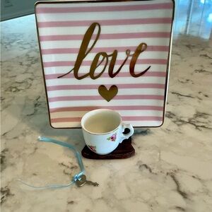 Valentine Bundle pink and Gold Striped Love Plate with Miniature Cup